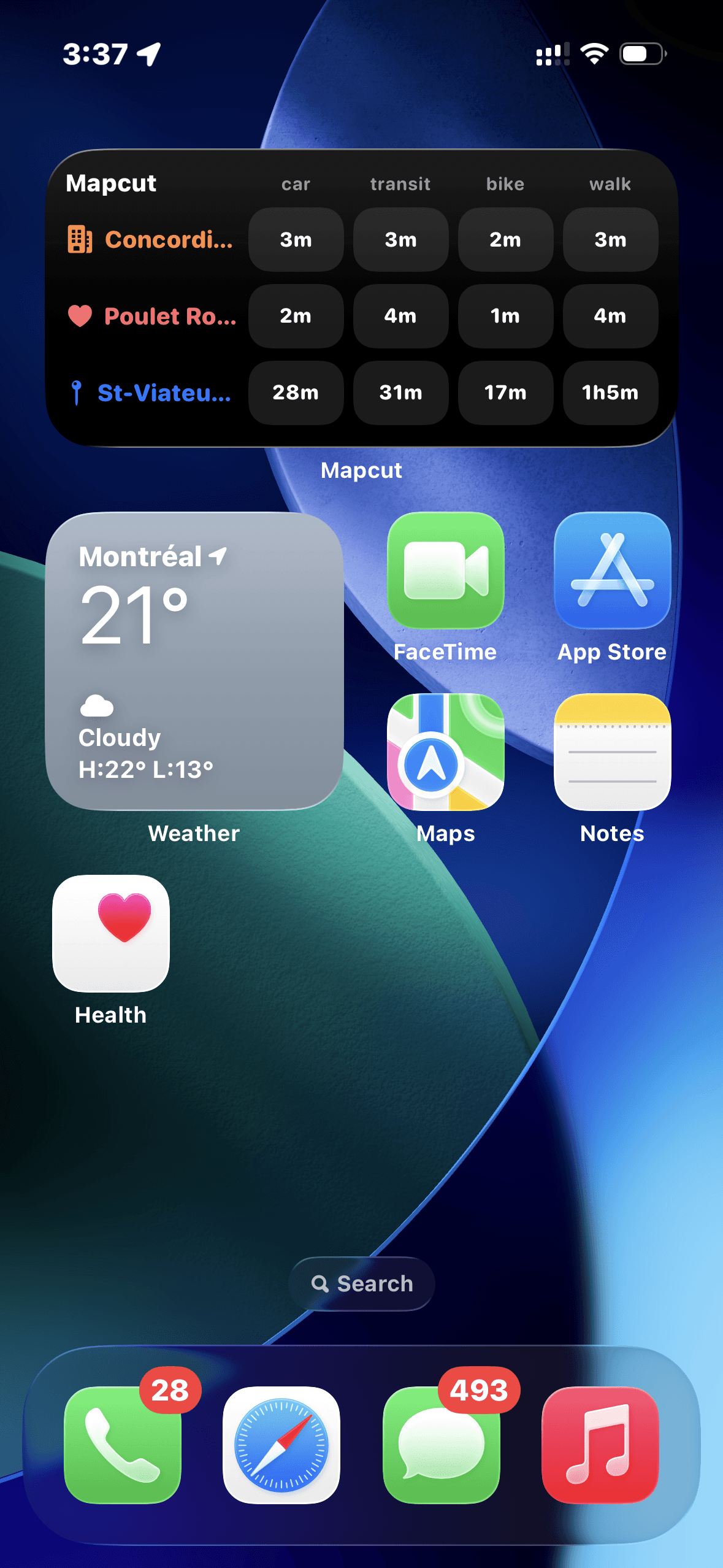 Mapcut's home screen widget showing live ETAs to Concordia University, Poulet Rouge, and St-Viateur Bagel Shop.