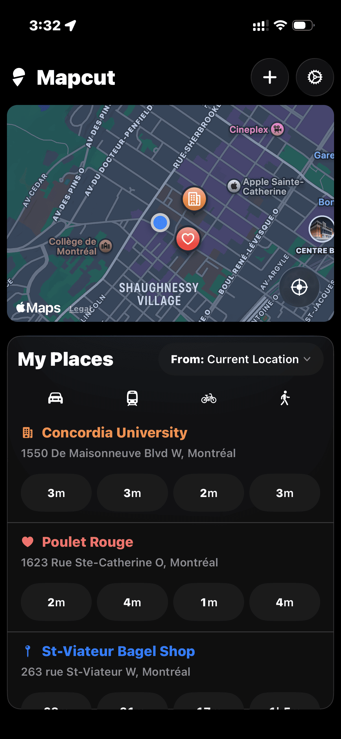 Mapcut's My Places screen listing saved places with live ETAs by car, transit, bike, and walk.