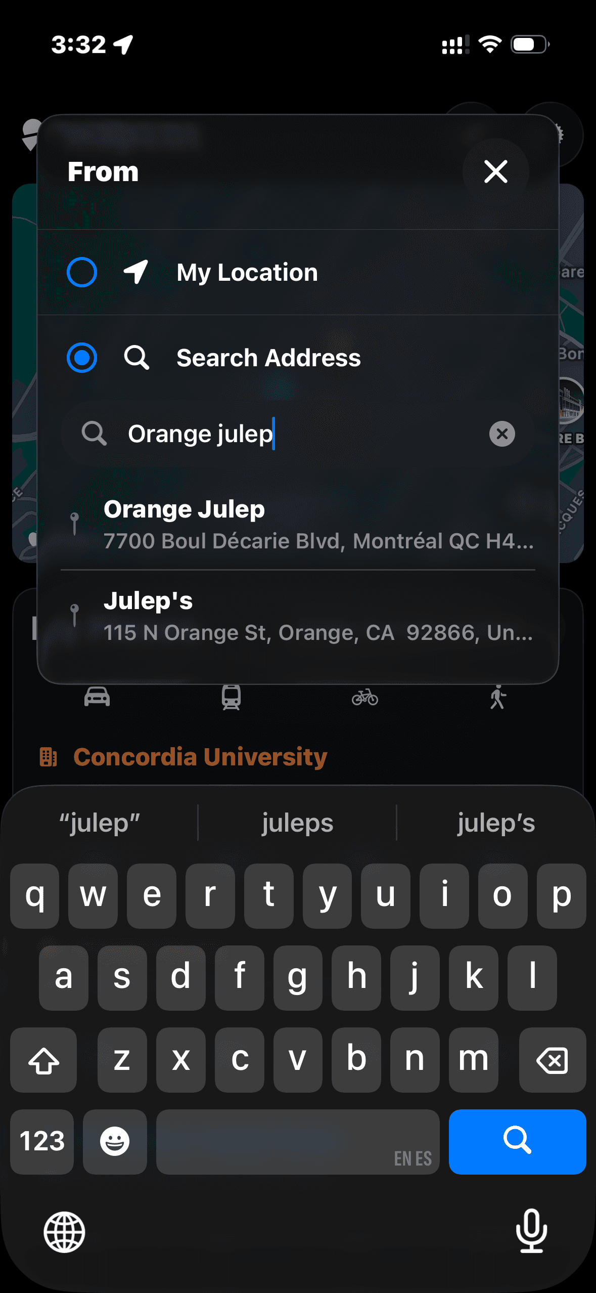 Mapcut's address search, adding Orange Julep as a saved place.